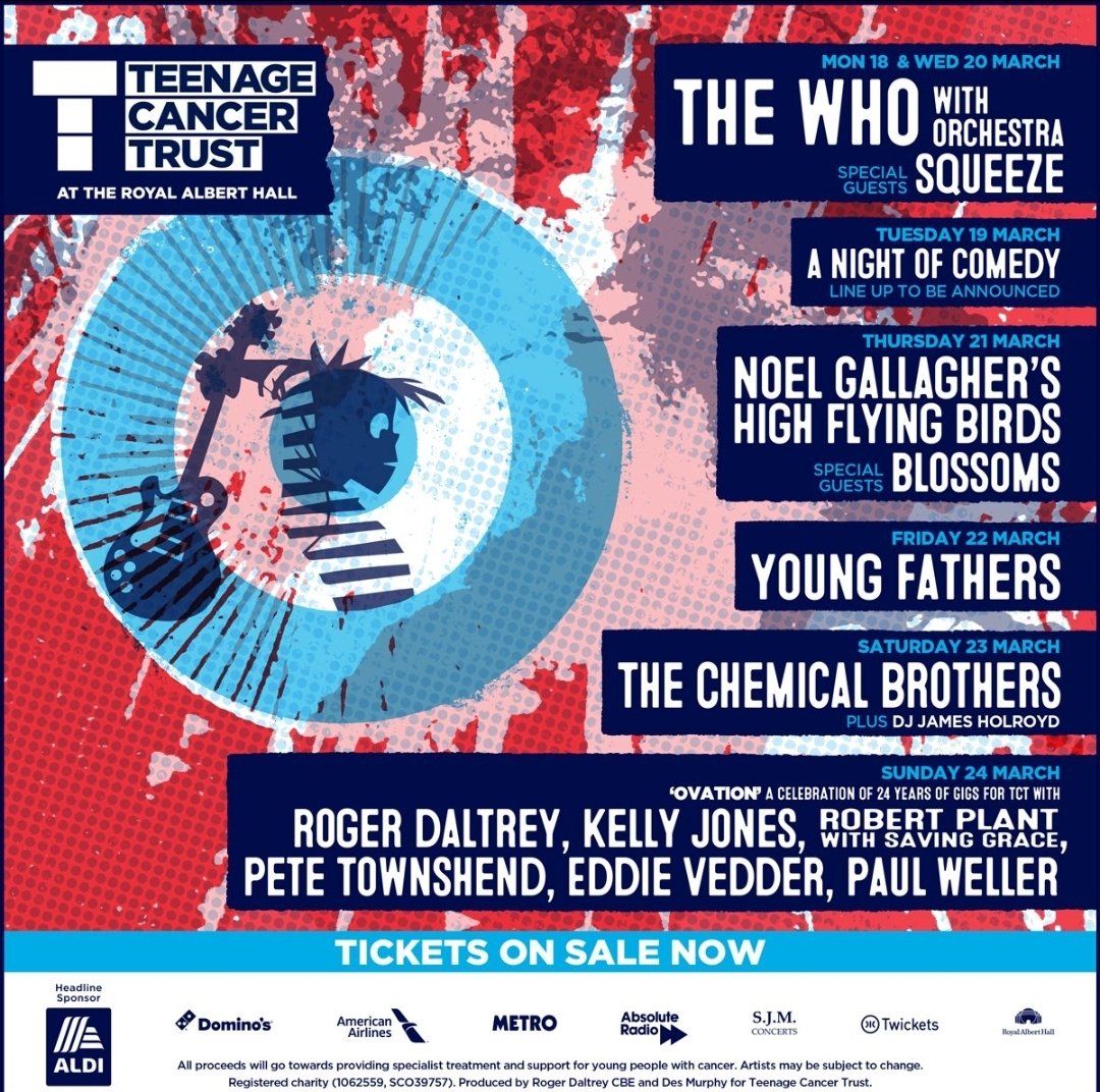 What a week <a href="/TeenageCancer/">Teenage Cancer Trust</a> have lined up <a href="/RoyalAlbertHall/">Royal Albert Hall</a> 

Huge names and one off performances, with proceeds going to <a href="/TeenageCancer/">Teenage Cancer Trust</a>

Please ReX and help raise awareness of this great week. 
<a href="/TheMalonesGB/">Gogglebox Malones</a> <a href="/Rowetta/">Rowetta🎙</a> <a href="/IAmJoeThompson/">Joe Thompson</a> @stephledigo @HarrietBibby <a href="/StevenBartlett/">Steven Bartlett</a>