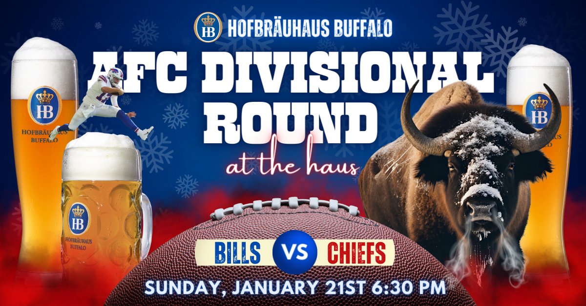 Let's GO, Buffalo! Catch the Buffalo Bills take on the Kansas City Chiefs this Sunday at Hofbrauhaus Buffalo!

What to expect:
📷 The ultimate game day experience
📷 DJ BUCKW!LD
📷 Game Day specials
📷 Fun for all ages!

For game day reservations, please call (716) 939-BEER