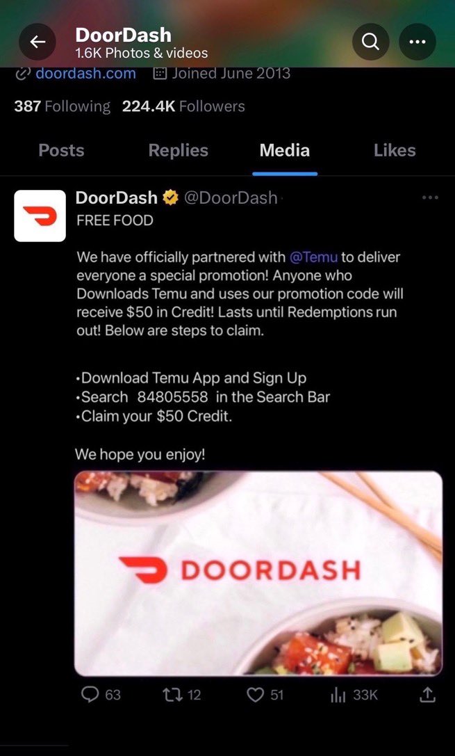 TxxRedd's tweet photo. Retweet so everyone eat 
FREE DOORDASH 🍔🍟🥤 
they deleted tweet it still works https://t.co/RtTnKqLmTr