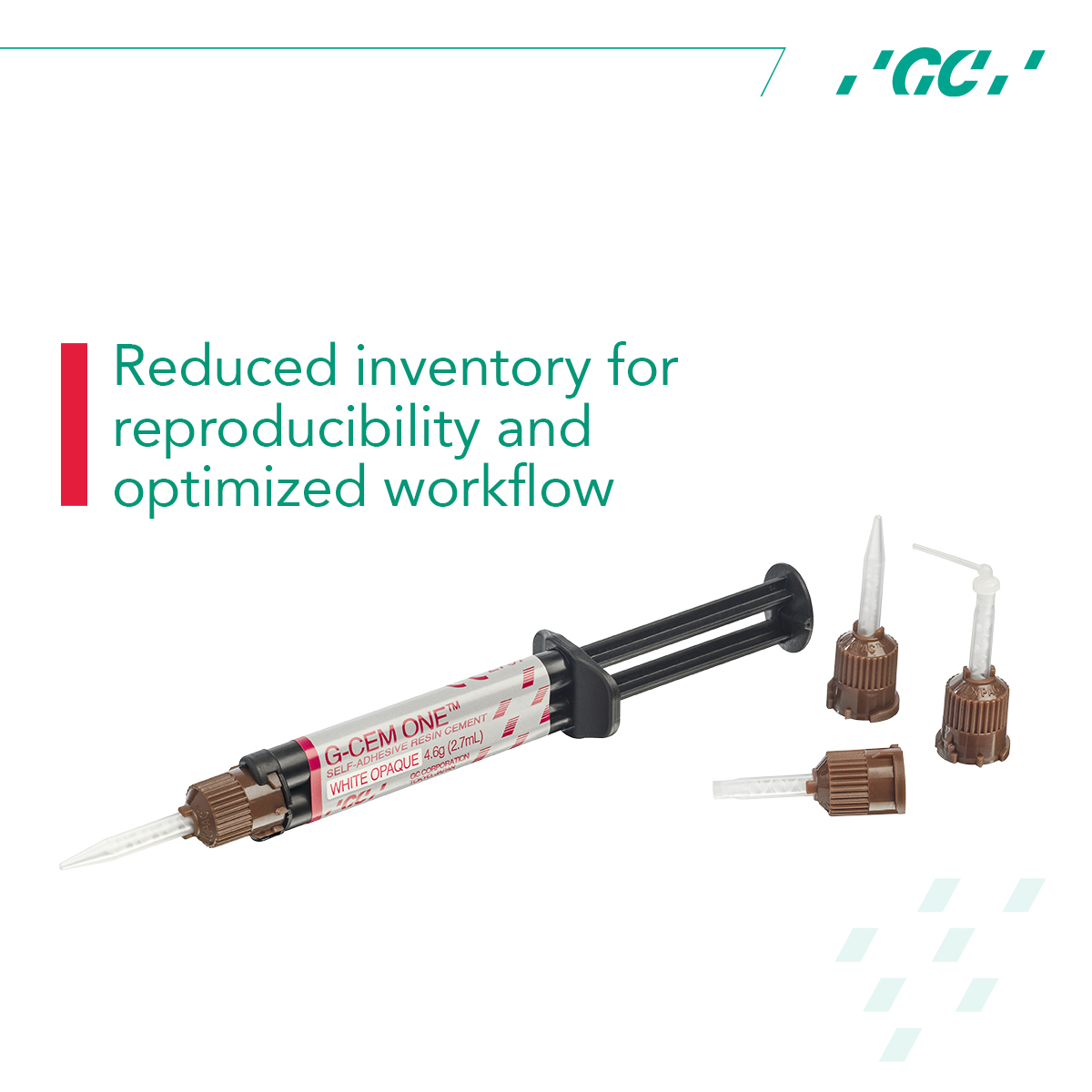 GCAmericaInc's tweet photo. G-CEM ONE™ – reduced inventory for reproducibility and optimized workflow.

Learn more about our latest resin cement here: https://t.co/G0gBR71JjS

#dental #dentist #dentists #dentistry #dentista #cement #resin #luting #cementation #tooth #teeth #smile https://t.co/qruG5Wj58A