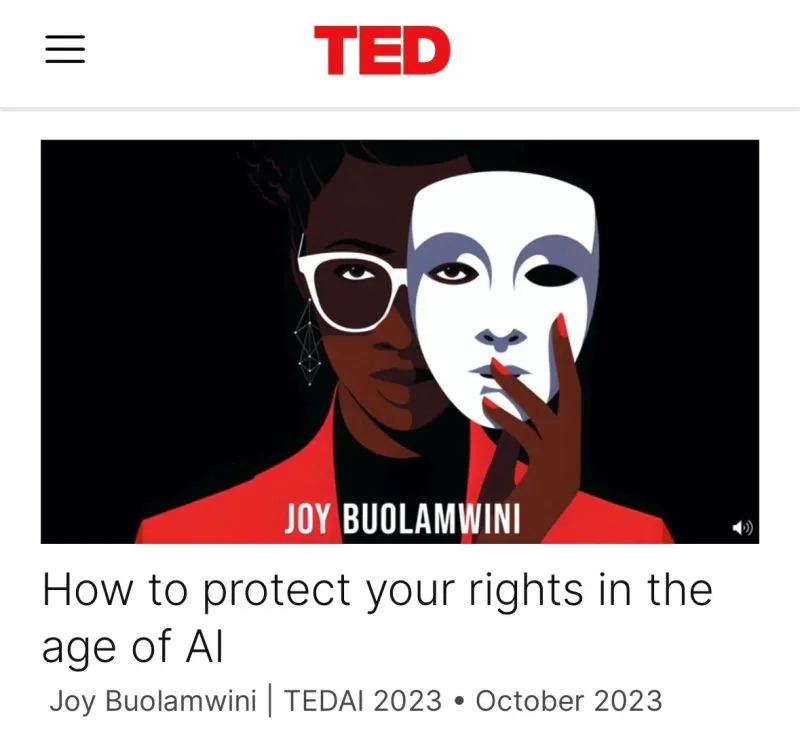 jovialjoy's tweet photo. Would you believe you can deliver a #TEDTalk without stepping on a TED stage? Welcome to the transformed TED talk.  I did keep one core TED talk feature: the color red. https://t.co/vEfXMSbmaY 

@AJLUnited  @TEDTalks #UnmaskingAI
