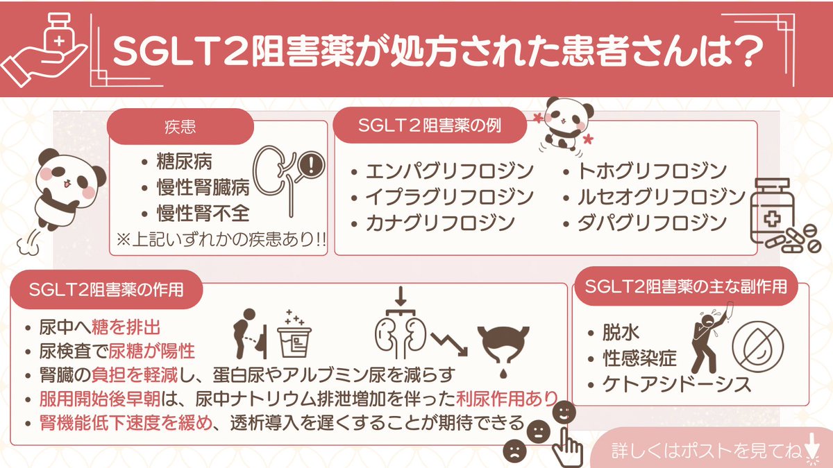 mm3_t0's tweet photo. ⋱ ︎ まとめました‼︎ ⋰

SGLT2阻害薬が処方された患者さんは？
 ￣￣￣￣￣￣￣￣￣￣￣￣￣
✅糖尿病
✅慢性腎臓病
✅慢性心不全

上記のいずれかの疾患あり！

✅SGLT２阻害薬の例
・エンパグリフロジン
（ジャディアンス・トラディアンス配合錠AP/BP）
・イプラグリフロジン
（スーグラ・スージャヌ配合錠）
・カナグリフロジン
（カナグル・カナリア配合錠）
・トホグリフロジン
（デベルザ）
・ルセオグリフロジン
（ルセフィ）
・ダパグリフロジン
（フォシーガ）

✅SGLT2阻害薬の作用
・尿中へ糖を排出
・尿検査で尿糖が陽性
・腎臓の負担を軽減し、蛋白尿やアルブミン尿を減らす
・服用開始後早期は、尿中のナトリウム排泄増加を伴った利尿作用あり
・腎機能の低下速度を緩め、透析導入を遅くすることが期待される

✅SGLT2阻害薬の主な副作用
・脱水
・性器感染症
・ケトアシドーシスなど

🐼SGLT２阻害剤は利用できる疾患が多いので確認しておきましょう！

#薬剤師
#看護師
#薬学生