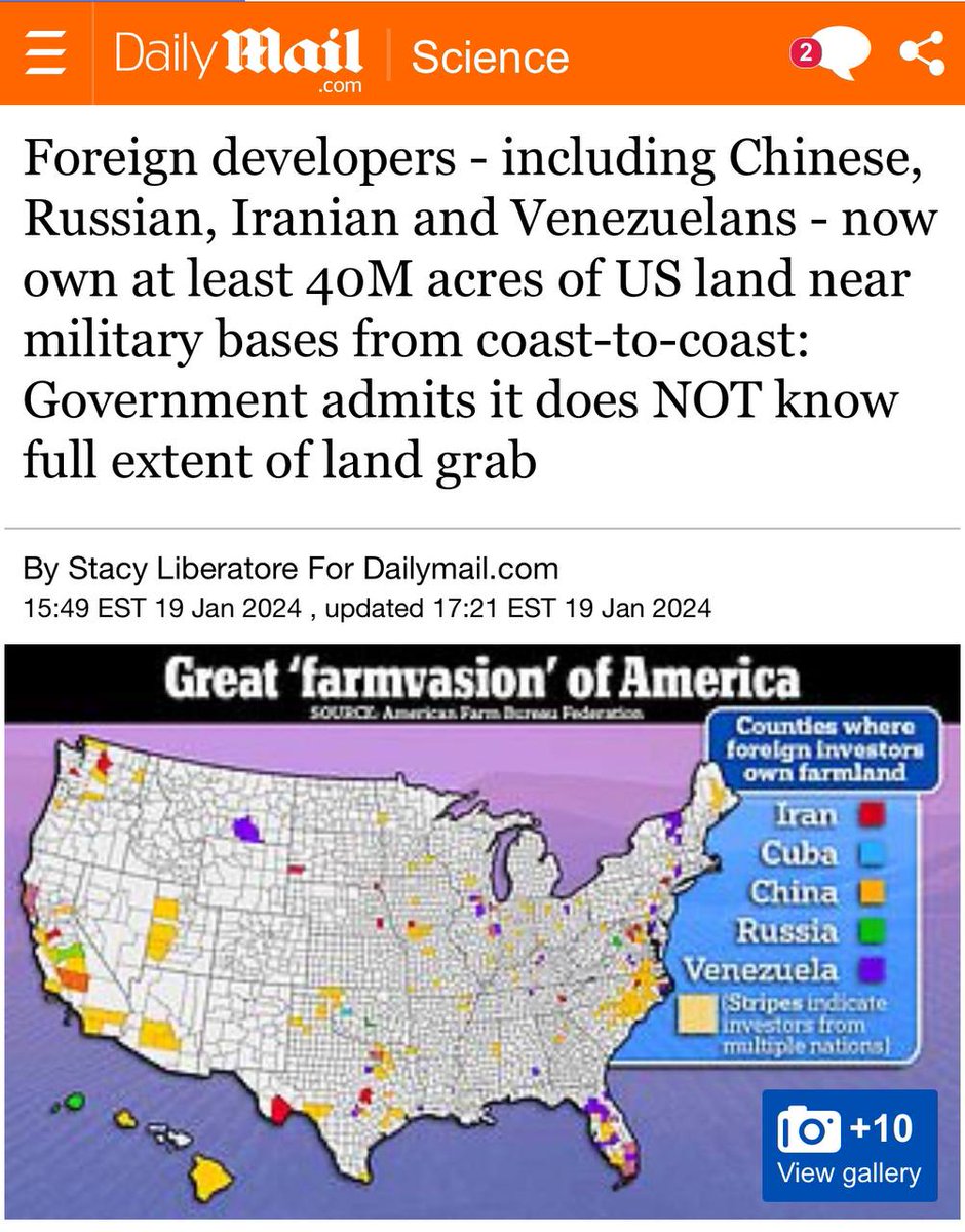 At least 40 MILLION acres of land - including plots near our military bases - are now owned by foreign nations like China, Russia and Iran All planned. Nationalize all land sales restricting sales to American citizens. You will eat bugs, synthetic meat, and OWN NOTHING. Live in