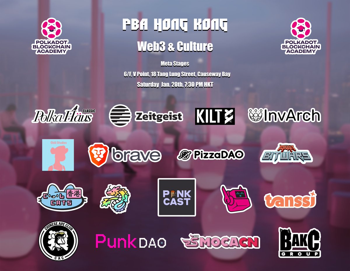 1/ This Saturday we meet the🇭🇰HK NFT community to discuss web3 culture and celebrate <a href="/AcademyPolkadot/">Polkadot Blockchain Academy</a>

Hosted:<a href="/ZeitgeistPM/">Zeitgeist Prediction Markets</a> <a href="/Kiltprotocol/">Christina Christie</a> <a href="/InvArchNetwork/">InvArch</a> <a href="/brave/">Brave</a> <a href="/Pizza_DAO/">PizzaDAO 🍕🏴‍☠️</a> <a href="/quicccs/">QUICCS | BITWARS</a> <a href="/TanssiNetwork/">Tanssi</a> <a href="/TheKusamarian/">The Kus</a> <a href="/boredchili/">Chili Studios🌶</a> @punk9527 @subvert_nft <a href="/cupcat_cc/">cupcat</a> @fansmush
Register below