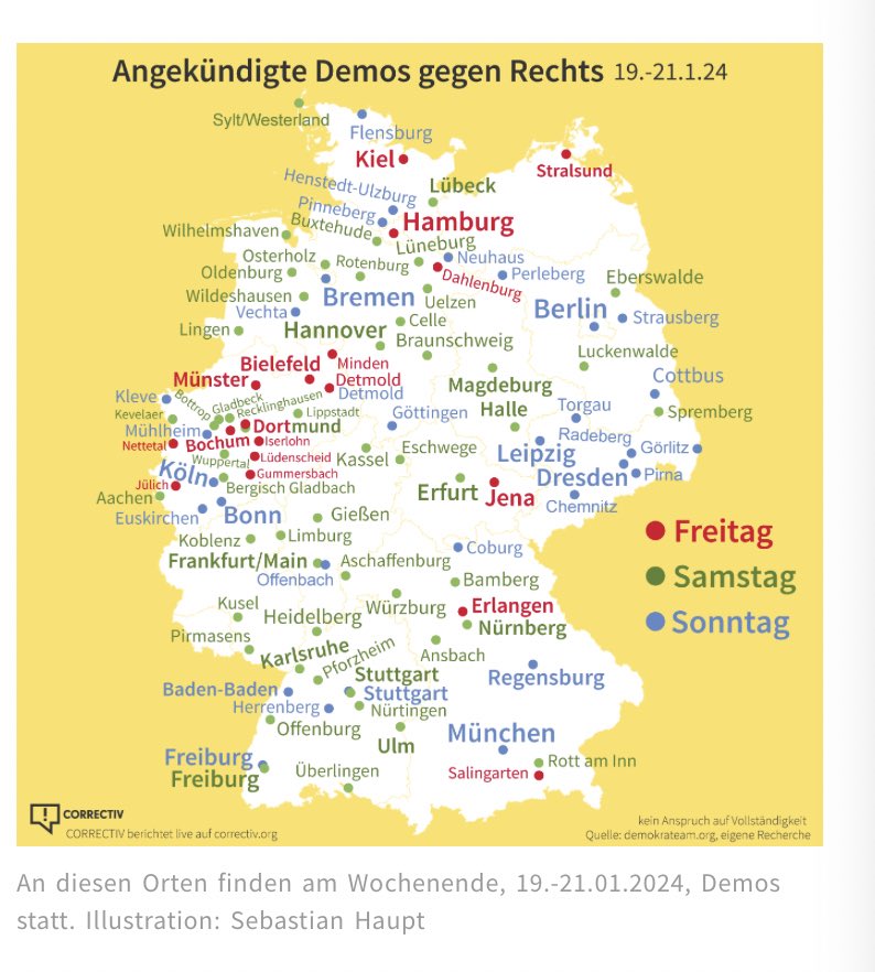Das wird ein Wochenende! Die Karte von <a href="/correctiv_org/">CORRECTIV</a> zeigt, wo ueberall Demos gegen Rechtsextremismus geplant sind. #BuntesrepublikDeutschland