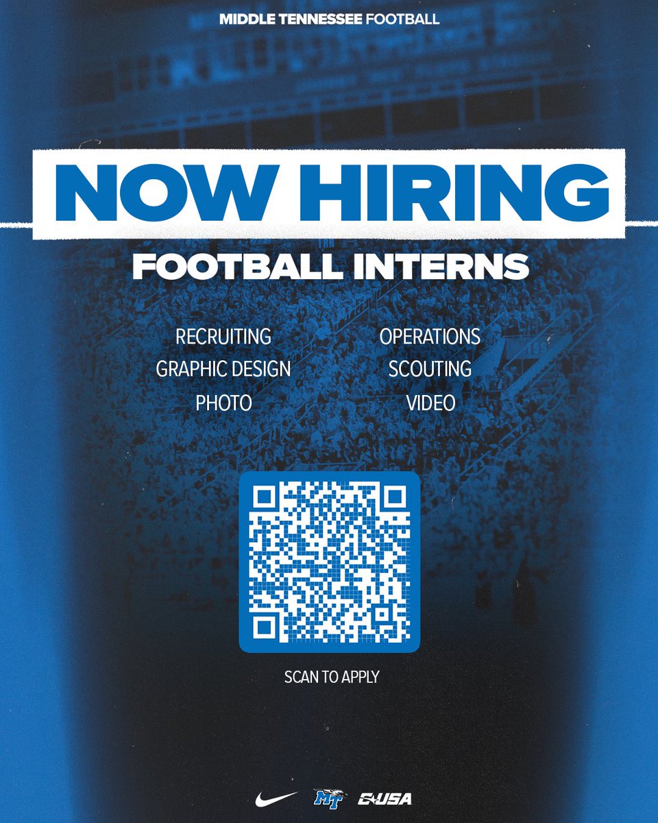 MIDDLE TENNESSEE‼️ We’re searching for interns who are passionate about football and looking for an opportunity to gain in-depth knowledge of the inner workings of a collegiate football program. Apply here➡️: forms.gle/bRb6Men3UqMjDQ… #BoroBuilt #MiddleMade