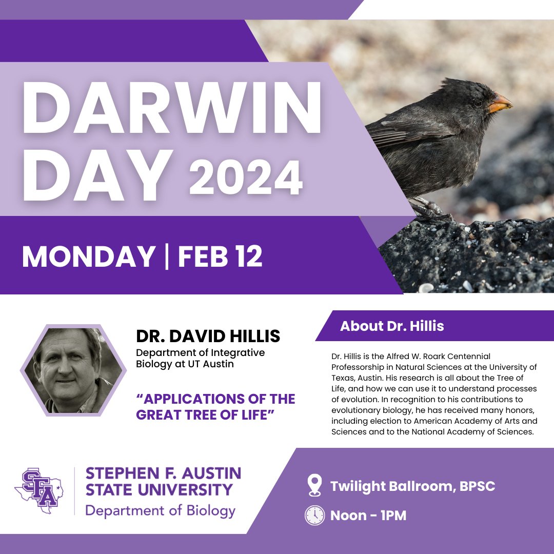 CoSM_SFA's tweet photo. 🗣️LOCATION UPDATE🗣️ 

Join us on Monday, February 12, for a Darwin Day seminar!🐦‍⬛

📍: Twilight Ballroom, BPSC
⏰: Noon - 1PM https://t.co/i8Ke1t1WkE