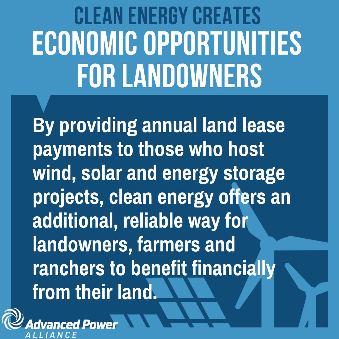 AdvancedPowerLA's tweet image. By providing annual land lease payments to those who host wind, solar and #EnergyStorage projects, #CleanEnergy offers an additional, reliable way for #landowners, farmers and ranchers to benefit financially from their land. #RenewableEnergy #WindEnergy #SolarEnergy