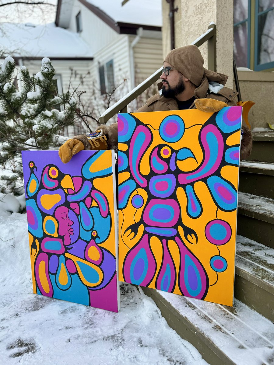 Two fresh paintings. 24”x36” acrylic on canvas. Email blakeangeconeb@gmail.com to purchase. Miigwetch 🙏🏾❤️