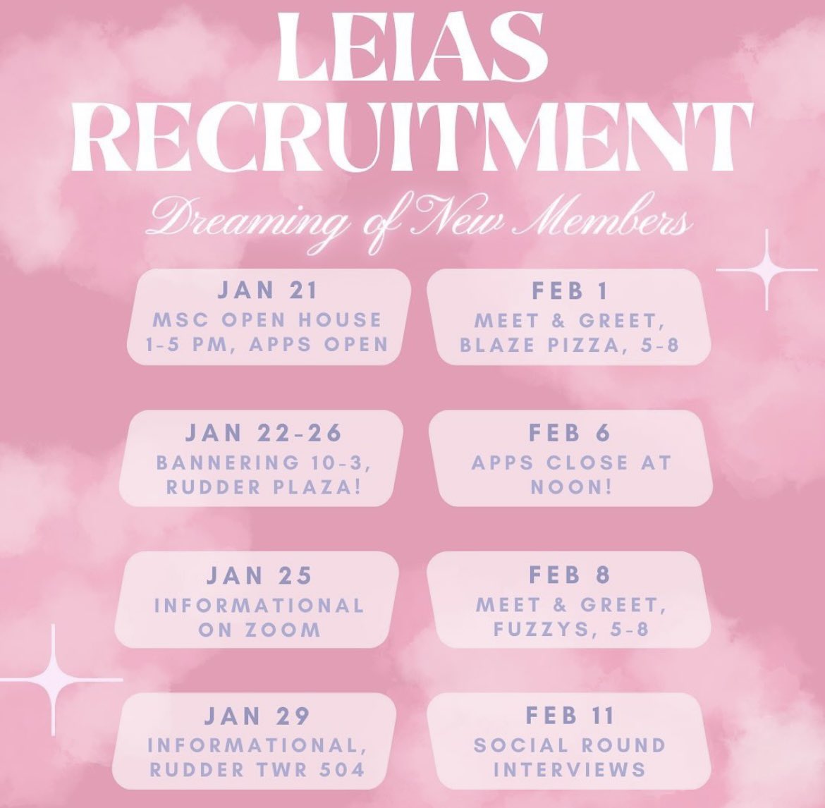 TAMULeias's tweet photo. IT'S FINALLY THAT TIME OF YEAR!! We have been #DREAMING of new members and are so excited to meet you all!🤩🩷

Make sure to stop by MSC Open House THIS SUNDAY
1-5 PM, and keep an eye out for our apps that open THIS SUNDAY as well!! #APPLYLEIAS https://t.co/EYgHHolNAu