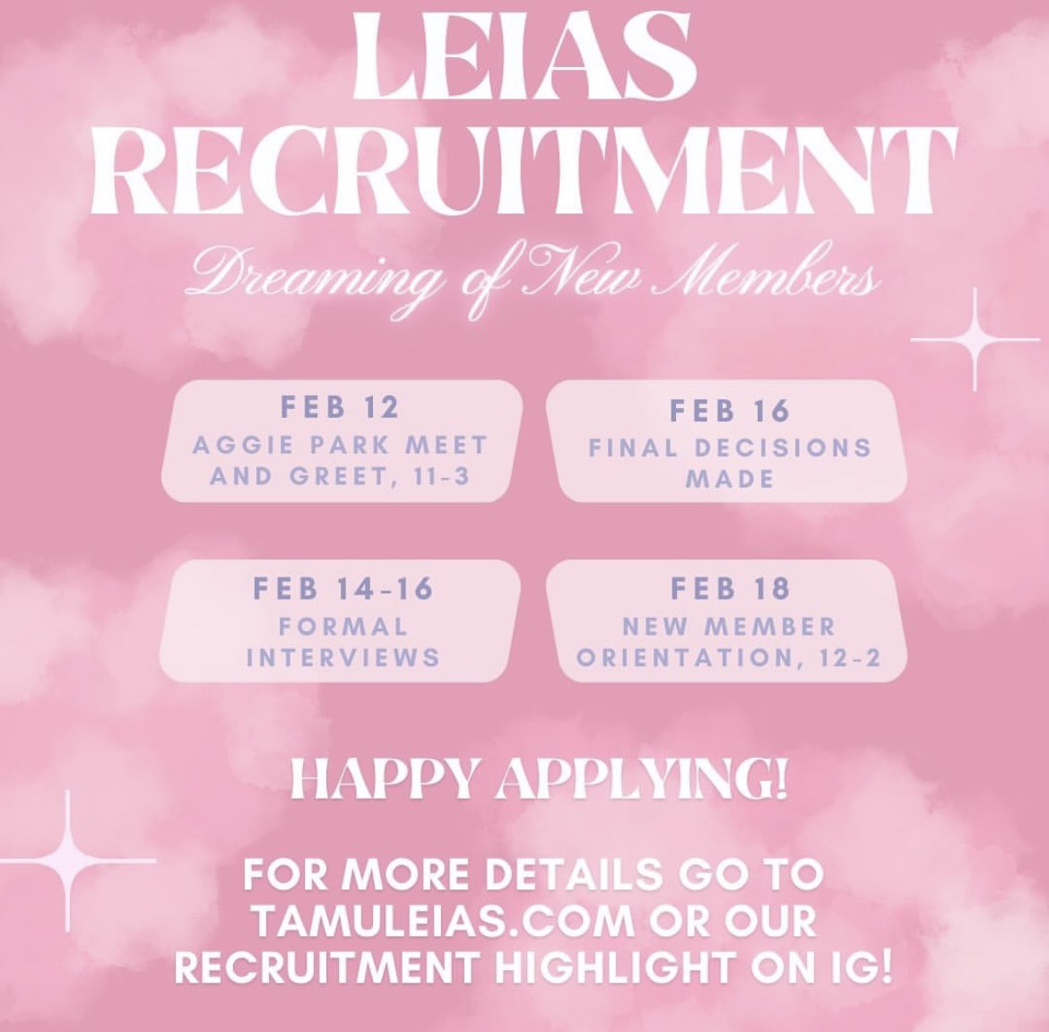 IT'S FINALLY THAT TIME OF YEAR!! We have been #DREAMING of new members and are so excited to meet you all!🤩🩷

Make sure to stop by MSC Open House THIS SUNDAY
1-5 PM, and keep an eye out for our apps that open THIS SUNDAY as well!! #APPLYLEIAS