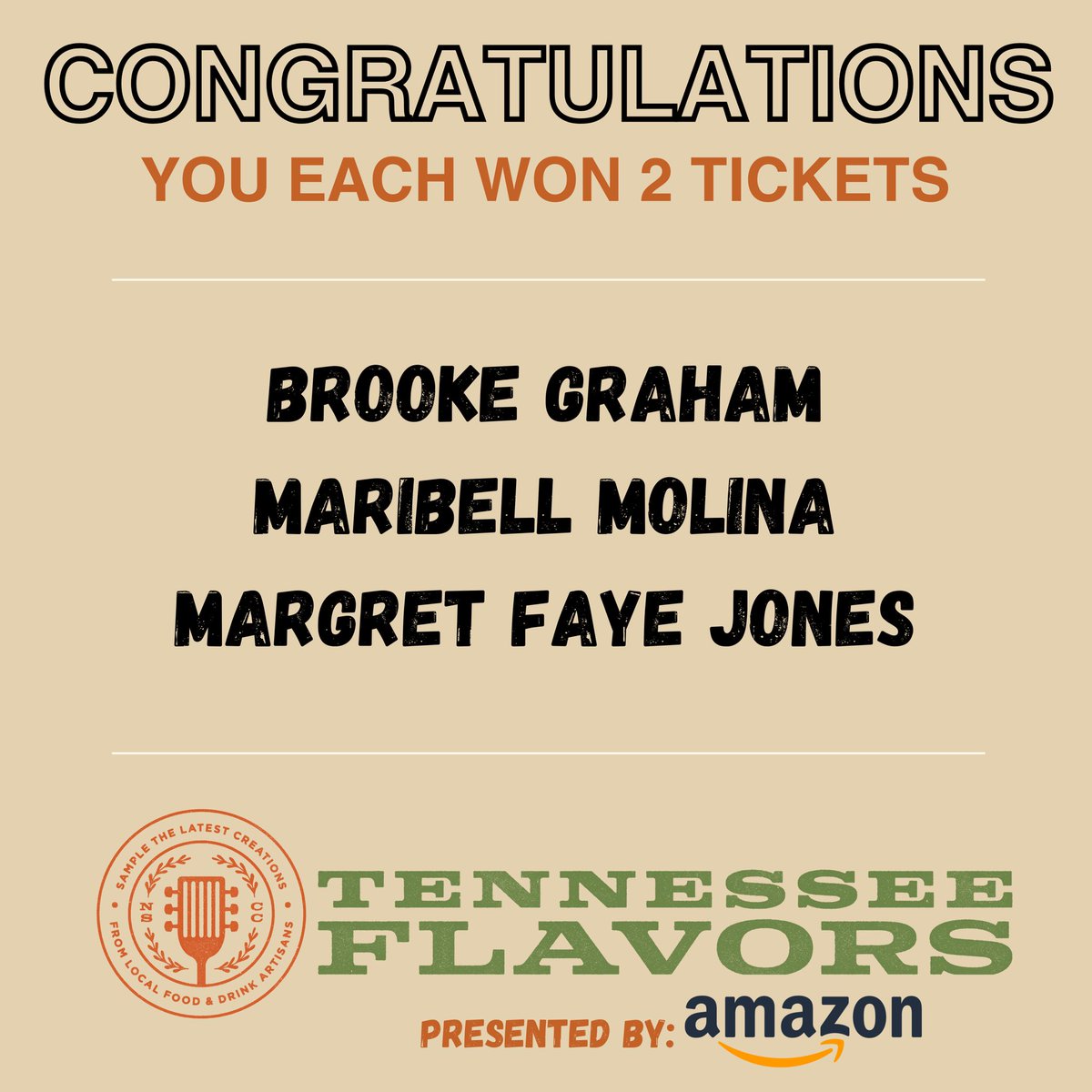 Congratulations to our winners! You each won 2 tickets to Tennessee Flavors. We will be in touch. 🎉

#TNFlavors #NashvilleState #NashvilleEvents
