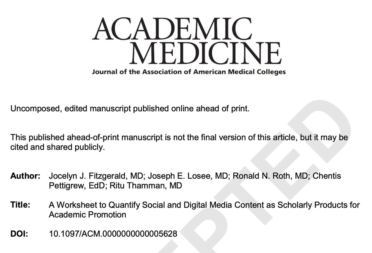 Read our new paper on how to keep track of your social & digital media contributions as part of promotions criteria journals.lww.com/academicmedici… @AcadMedJournal with @PittHealthSci Dean of Faculty Joe Losee, Dean for DEI C Pettigrew, led by @jjfitzgeraldMD