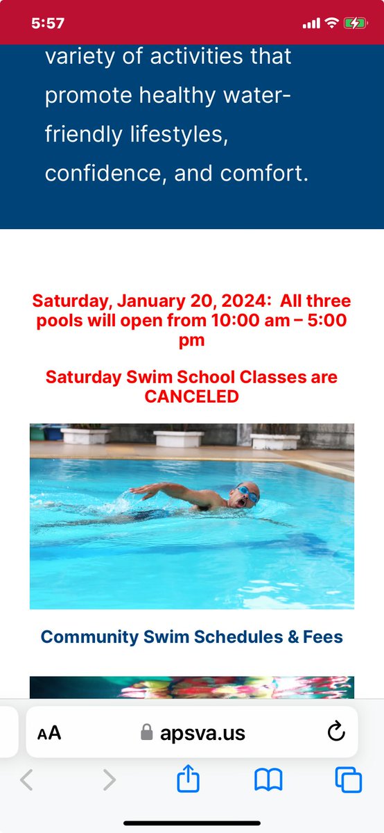 APS Aquatic Centers will open from 10:00 am - 5:00 pm, tomorrow, Saturday, January 20, 2024.  Swim School classes are CANCELED.  Be Safe.