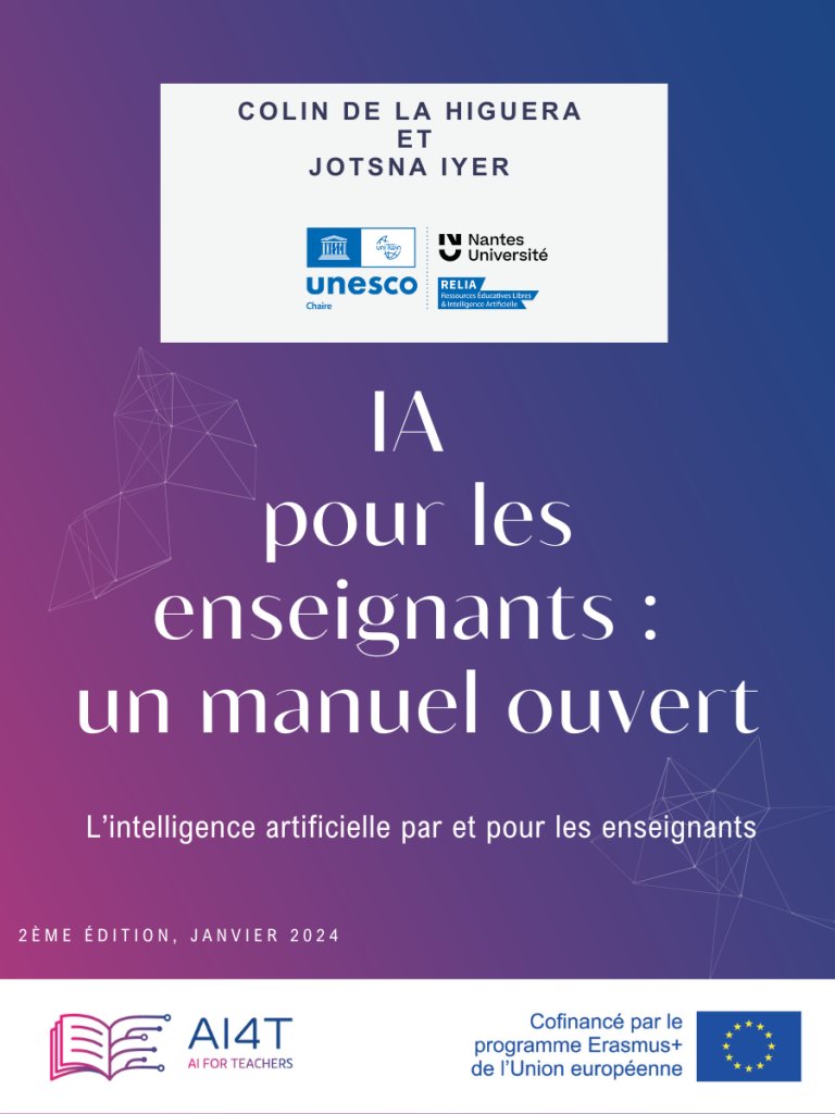 #SeFormer
L’#IntelligenceArtificielle pour les enseignants.
Ce manuel ouvert explore différents aspects pour que l’#IA soit au service des élèves. 
🤖 Comment fonctionne l'IA ?
🧑‍💻Comment l'utiliser en classe ?
<a href="/AI4T_project/">AI4T</a> <a href="/ErasmusplusFR/">Agence Erasmus+ France / Education Formation</a>  
👉 pressbooks.pub/iapourlesensei…