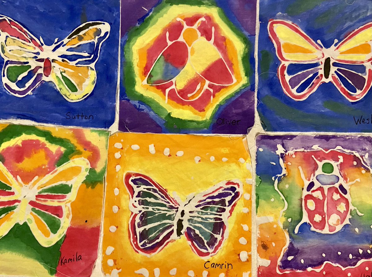 BNearhoofMES's tweet photo. Batik Bugs with 3rd grade. This was our first time trying this, and we LOVED it. We used Elmers glue to resist the pigment instead of wax. Same effect. #MESRocks https://t.co/oDESQGX6t8