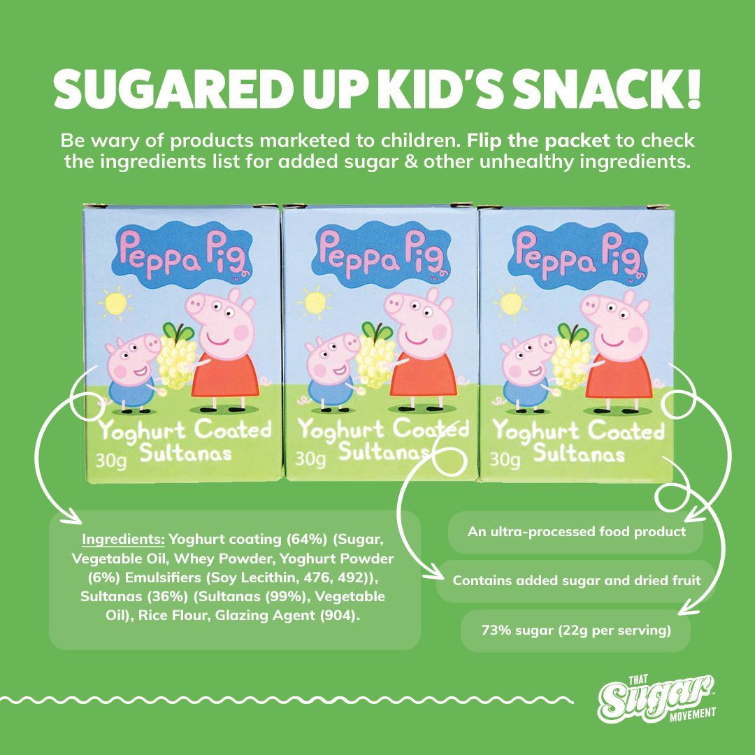 It's almost impossible to walk through the supermarket with kids without them pestering you for foods that have been marketed to THEM! Here is an example of a product that is far from nutritious, even though it seems like it could be, as it is yoghurt and sultanas.