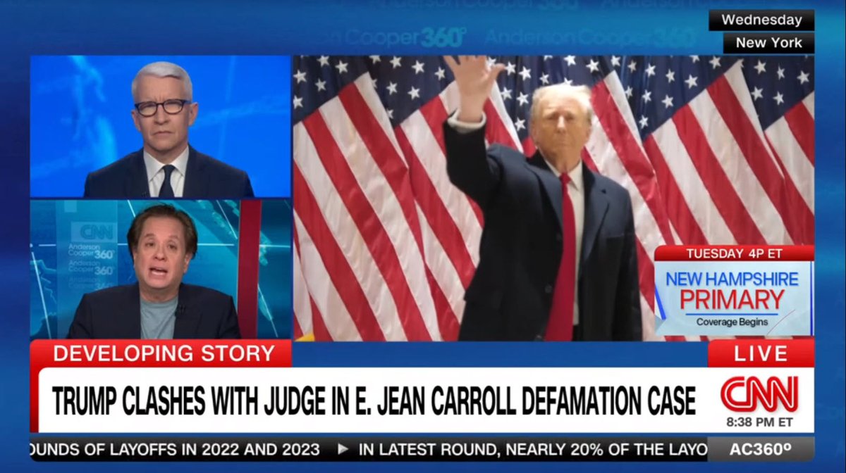 Media: @gtconway3d to @andersonCooper @AC360: 'This whole case is something of a microcosm of #DonaldTrump's mental state. His tendency to lie and lie again; his tendency to attack. He lied about the 'fact' that he never met #EJeanCarroll when in fact there was a photograph that…