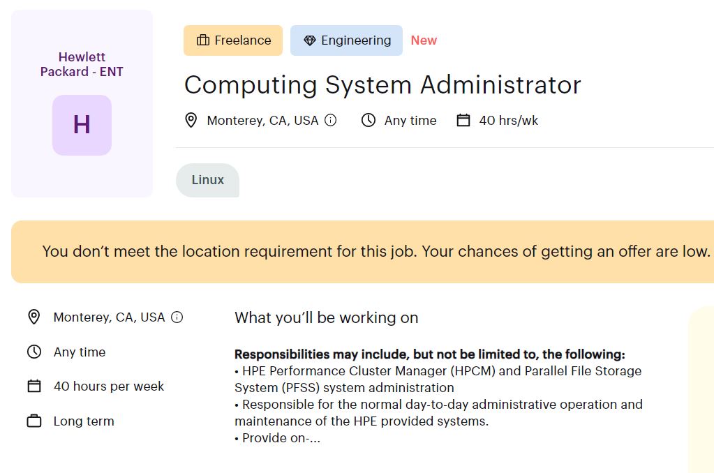 #recruiting #work #job #remote #it #Monterey, #CA, #USA #MX #hotjob #opportunity
Job for Hewlett Packard Enterprise
Computing System Administrator - $115 – 135/hr
Linux - Engineering

Apply as a Talent Here lnkd.in/dNfeQWpV, fill all and good luck 
lnkd.in/dNfeQWpV