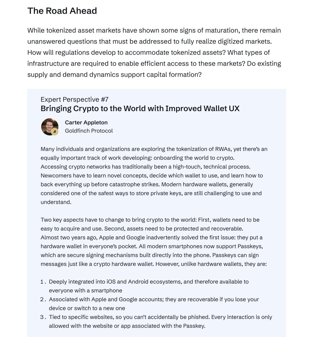 goldfinch_fi's tweet photo. 👀Have you read the new @TACoalition Report?

The State of Asset Tokenization 2024 Outlook can be downloaded and read at https://t.co/pQ6YGIl6rA

Attached pics include a sneak peak on the section from @goldfinch_fi contributor @CarterAppleton on Bringing Crypto to the World! 

Big 👏👏👏 to all the contributors for making this happen! And @rwa_xyz for leading 🙌

Take a look and let us know what you think