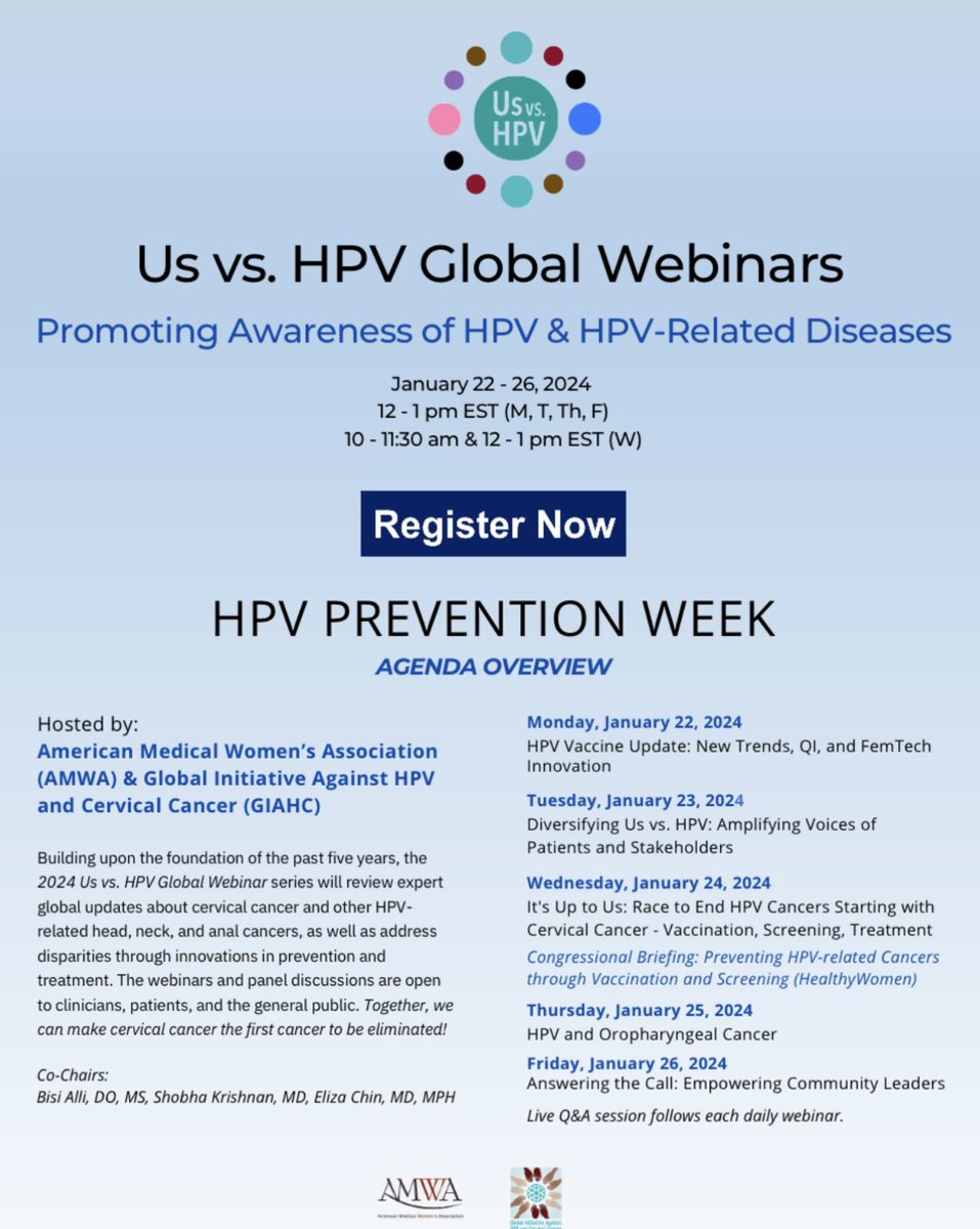 Join efforts to prevent & treat HPV-related cancers & spotlight efforts to improve health equity! Register: bit.ly/hpvweek2024 @AMWADoctors @GIAHC #MedTwitter