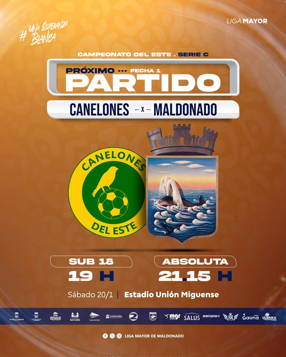 🔜 𝙀𝙇 𝘿𝙀𝘽𝙐𝙏

🆚️ Canelones Interior 
🏟 Estadio Unión Miguense 
🏆 Copa Nacional de Selecciones <a href="/OFIUruguay/">OFI</a>
🗓 Sábado 20/1
⌚️ 19hs Sub18 / 21.15hs Absoluta 

#UnaEsperanzaBlanca #VamosMaldonado 🐳🏳️‍