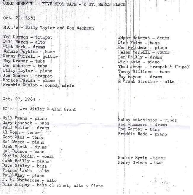 The line-up for a two benefits for CORE (Congress Of Racial Equality) at The Five Spot in 1963.
#smlpdf 
sheetmusiclibrary.website