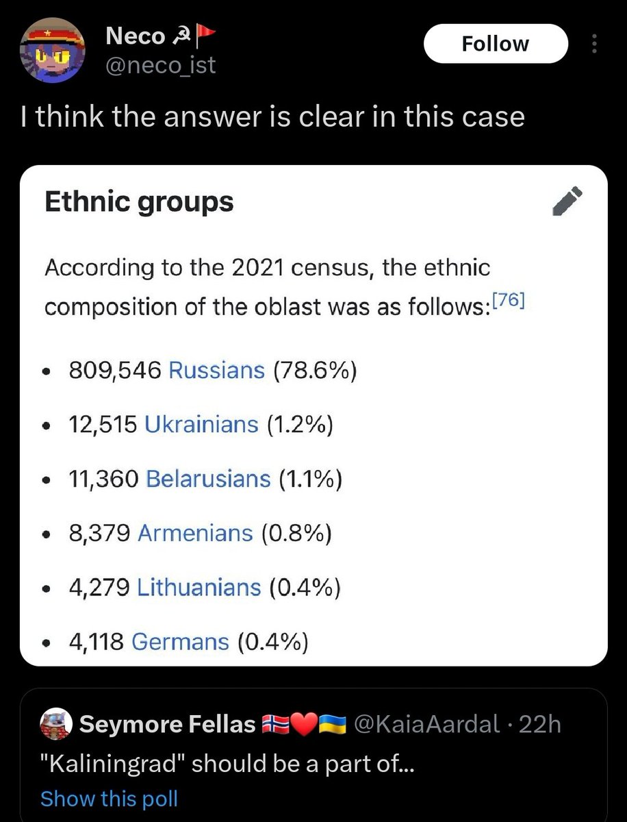 I genuinely do not know what these people's heuristics are — you are against the statehood of ethnic Jews in Palestine because of the evils of settler colonialism but fully support Russia's right to ethnically cleanse to lay its claim on Kaliningrad. It's just vibes here.