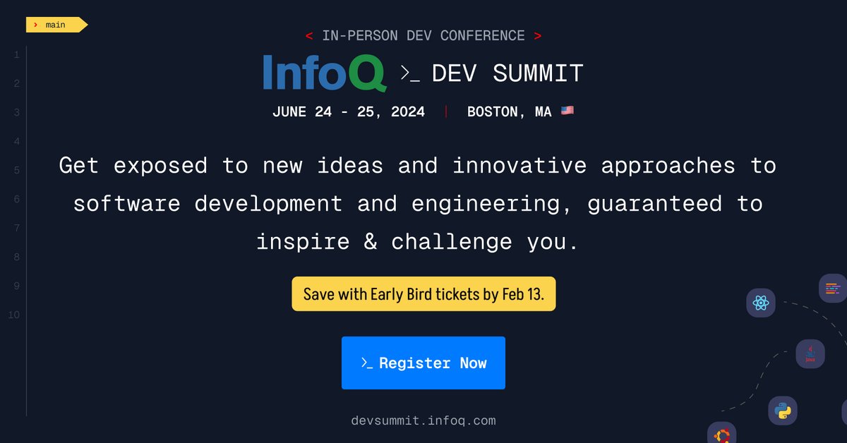 👉 The #InfoQDevSummit is a two-day conference focusing on the most critical technical decisions senior software developers face today. Explore technical talks & actionable advice they can apply immediately to prioritize their projects. Explore more: bit.ly/3vRunkE