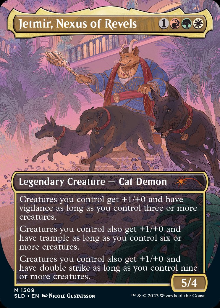 My double sided card of 'Jetmir, Nexus of Revels' has been revealed by Wizards of the Coast! This card is part of their Secret Lair Commander deck, 'Raining Cats and Dogs'. (AD: Sarah Wassell)