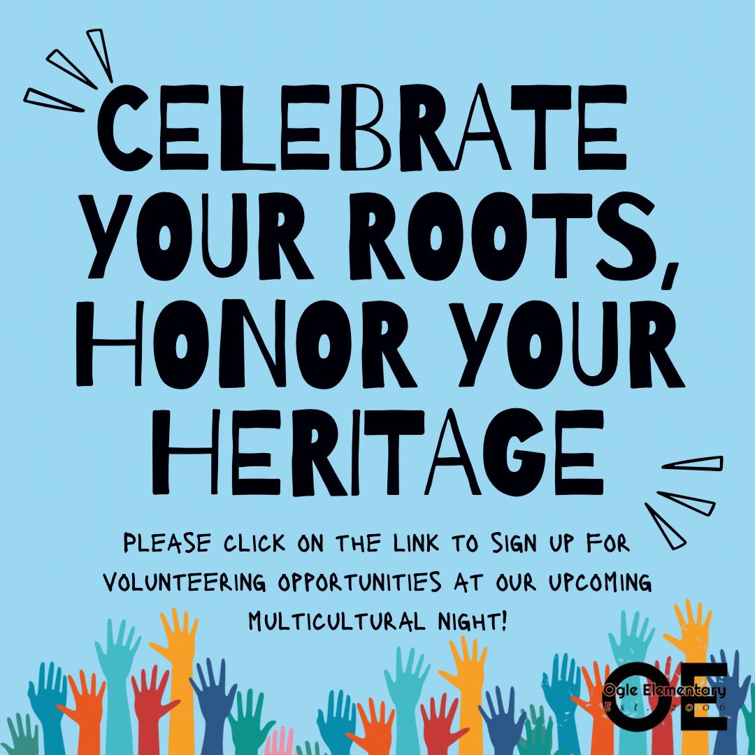 Ogle Elementary PTA is seeking volunteers to showcase their culture as we celebrate the diversity of our community. Sign up to be a part of our Multicultural Night! January 31st, 6-7pm. 
Follow the link: forms.gle/XobfDgAete8P13…