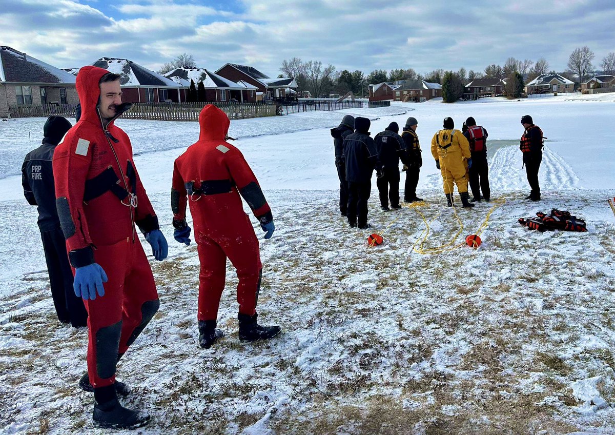 PRPFire's tweet photo. It was a balmy 20° today to conduct Ice Rescue training. Members from Pleasure Ridge Park Fire &amp; Okolona Fire Protection District preformed drills to hone their craft of ice rescuing. This is just one of many specially trained teams PRP Fire offers to the community. https://t.co/A3nmInn8Fk