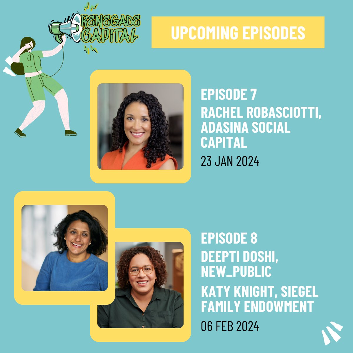 Season 3 is almost over, with 2 episodes left! Don't miss these upcoming episodes: ⚖️ 1/23 Social Justice Investing w/ Rachel J. Robasciotti from Adasina Social Capital 🖥️ 2/6 AI and Impact Investing w/ Katy Knight from Siegel Family Endowment & Deepti Doshi from New_ Public