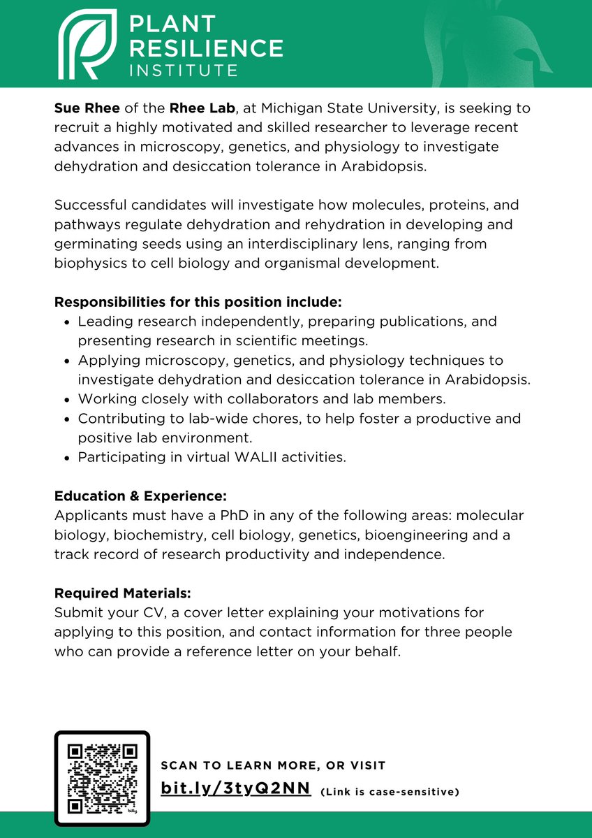 PRI Director Sue Rhee (@SueRhee2) is searching for a postdoctoral researcher to study the regulation of dehydration and rehydration in developing and germinating seeds. Learn more about the Rhee Lab here: rheelab.org Apply here: bit.ly/3tyQ2NN