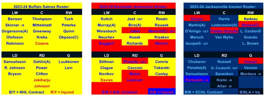 It’s a full weekend of games in the org. (Sabres 1, Amerks 2, Icemen 3) Here’s what we’re looking at roster wise. Pretty healthy up front 💯 #LetsGoBuffalo  #AmerksHockey #IcemenExperience