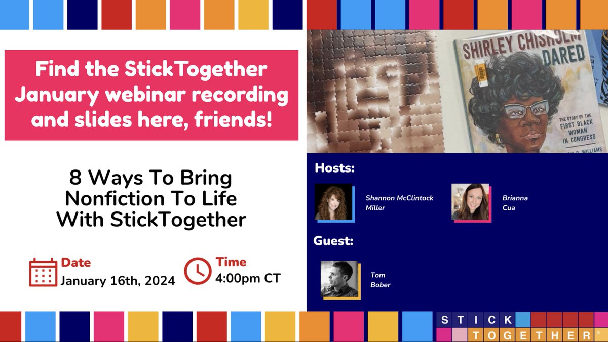 This week we kicked off the 2024 @byStickTogether Webinar Series! 🎉 The amazing @CaptainLibrary was our special guest. ⭐️ We shared lots of ideas on how you can use the StickTogether products and resources to bring nonfiction to life in the library, classroom and throughout…