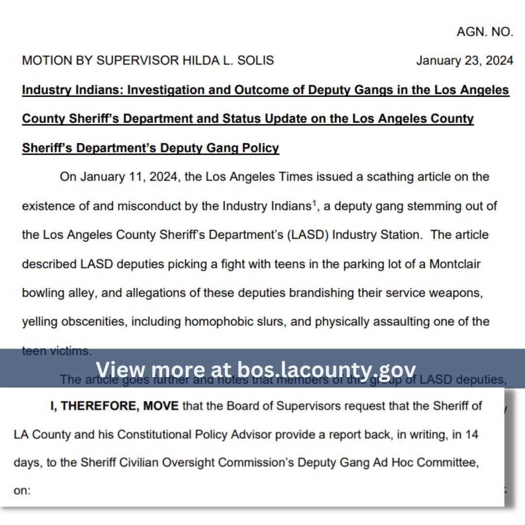 On 1/23/2024, the @LACountyBOS will discuss Industry Indians: Investigation & Outcome of Deputy Gangs in @LASDHQ & Status Update on the Deputy Gang Policy Submit public comment: bit.ly/3L3FbSF Checkmark agenda item 6. View the motion: bit.ly/429Majs