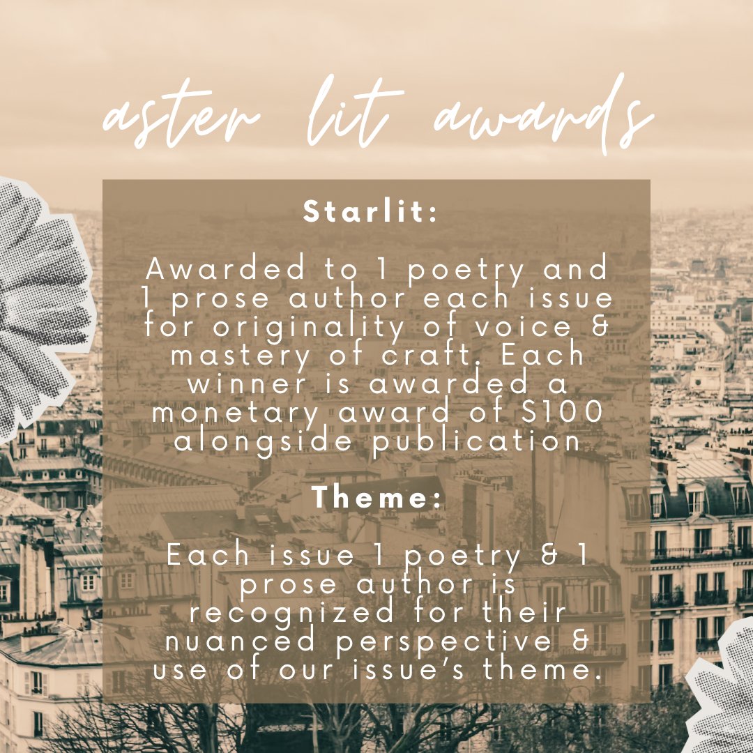 SUBMIT NOW to Aster Lit Issue 11: et cetera! Accepting prose, poetry, script, art, and photography until 2/29!

What is included and what is left in ambiguity? What splinters off the pinnacle of impact? What is unsaid after the climax? Submit at asterlit.org/submit ✨