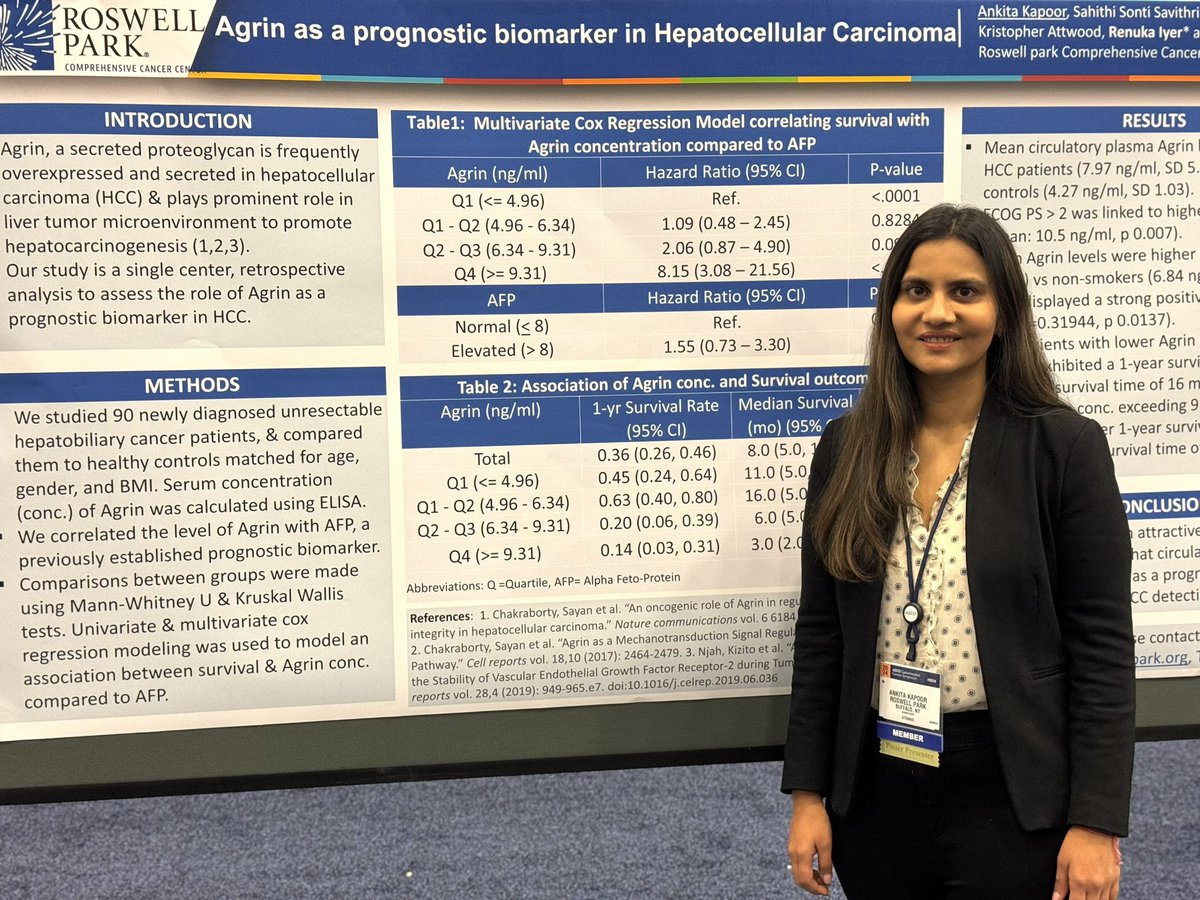 Presenting our study at GI-ASCO: Agrin as a potential biomarker in Hepatocellular Carcinoma. Thanks to mentors, Dr. Iyer and Dr. Chakraborty @RenukaIyer10 @patel_riya7 @RoswellHemOnc