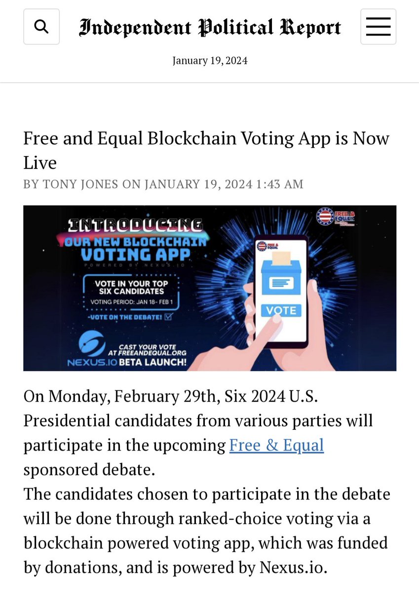 FreeandEqual's tweet image. Grateful to @I_P_R  for comprehensive coverage of last night's #DemocraticPresidentialDebate! Thanks for highlighting the new live blockchain voting app! 🗳 

Article: independentpoliticalreport.com
Vote Here: vote.freeandequal.org

#DemDebate #NexusIO 
#IndependentPoliticalReport