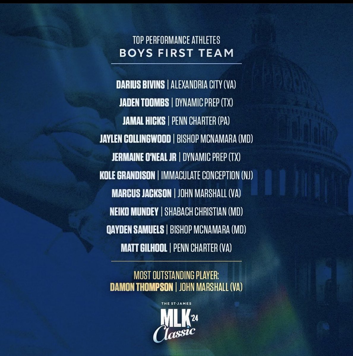 Congratulations to Damon Thompson of John Marshall who was named MVP of the SJ MLK Classic 2024 as well as all of the honorees!!!

#MLKClassic2024🏀