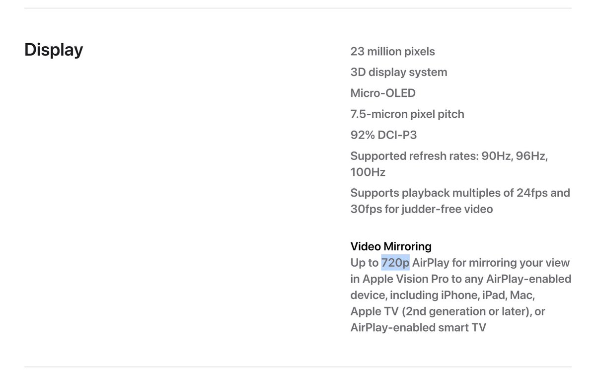 Apple edited the tech specs page for Apple Vision Pro earlier today, lowering the video mirroring quality from 1080p to 720p.

Before:
After: