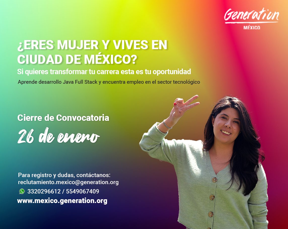 GenerationMx1's tweet photo. 📢¡Quedan pocos días de convocatoria!📢

Comienza tu formación como desarrollador/a Java Full Stack y encuentra un empleo en el sector tecnológico.

Regístrate antes del 26 de enero
https://t.co/efzgEguruS

#CDMX #mujeres #technology #YoSoyGenerationMx #JavaFullstack https://t.co/EMyQ8Ps6Ha