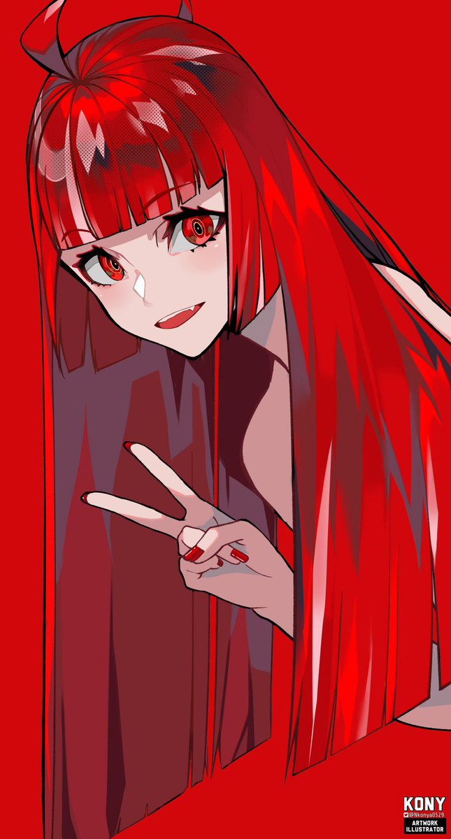 kureiji ollie 1girl red hair red eyes solo long hair red background v  illustration images