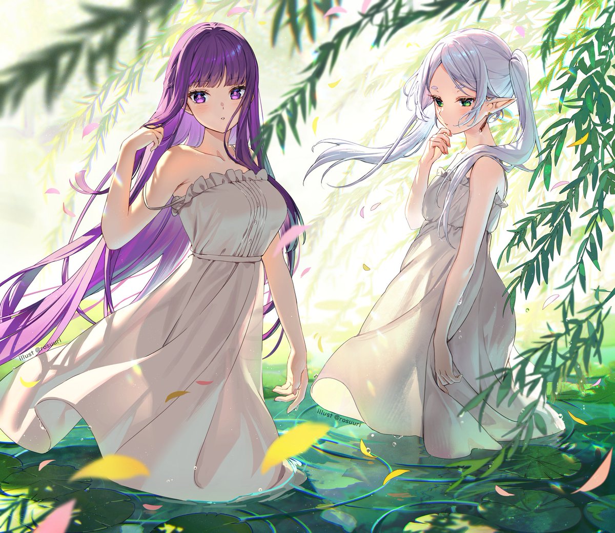 fern (sousou no frieren) ,frieren multiple girls 2girls dress green eyes long hair white dress purple hair  illustration images