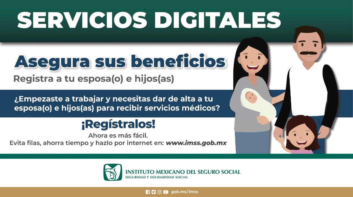 Tu_IMSS's tweet photo. Registra ante el #IMSS a tu esposo o esposa e hijos como beneficiarios.
¡Asegura sus beneficios y ahorra tiempo! Ingresa a: https://t.co/lOR8nkPXLN https://t.co/FAk2Gje4CN