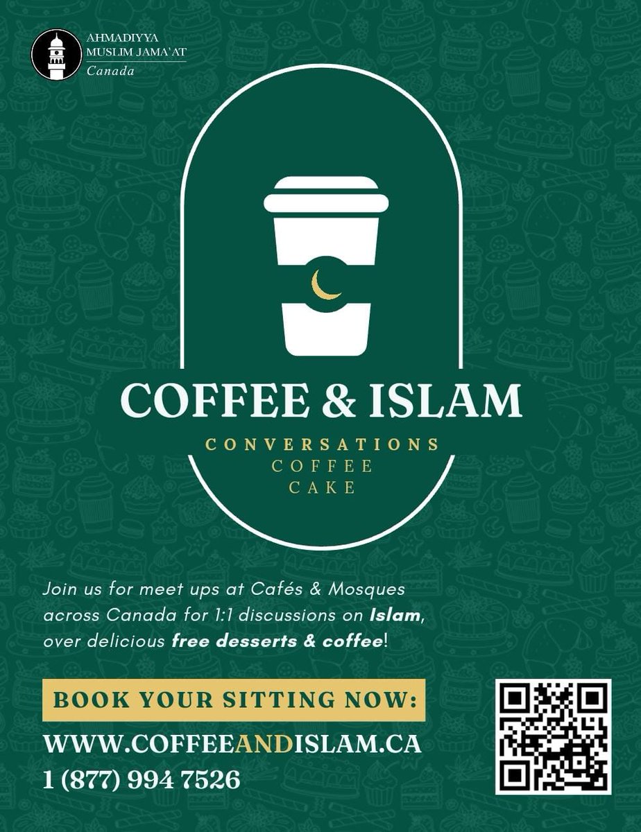 Ahmadiyya Muslim Youth Association Canada has initiated a nationwide campaign, 𝐂𝐎𝐅𝐅𝐄𝐄 𝐀𝐍𝐃 𝐈𝐒𝐋𝐀𝐌, to foster discussions with Canadians

Join us for meet ups at Cafés &amp; Mosques across Canada

Book your sitting now at coffeeandislam.ca

#CoffeeAndIslam #Ahmadiyya