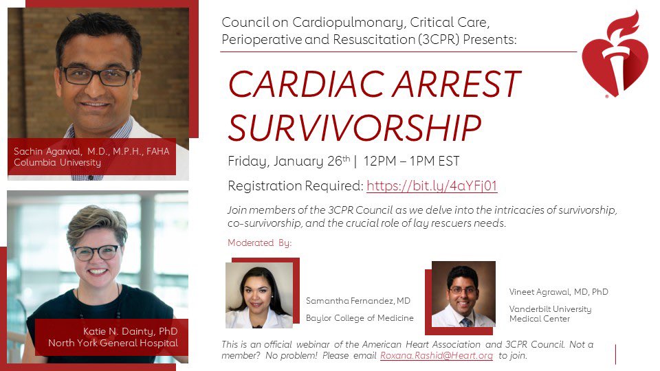 The @3CPRCouncil is excited to present our next feature webinar! Join us Jan 26th at 12pm EST to hear @sacagarw and @KNDainty discuss Cardiac Arrest survivorship, co-survivors’ needs and the unique lay rescuer experience. Register below: heart.zoom.us/meeting/regist…