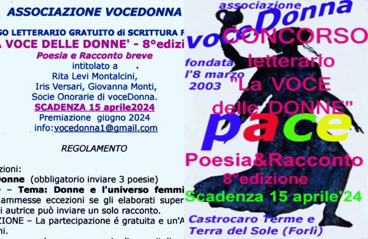 vocedonna1's tweet photo. 👋 Anche quest’anno la nostra Associazione voceDonna ha il piacere di indire l’8* edizione del Cocorso Letterario Gratuito di scrittura femminile “La Voce delle Donne” di Poesia e Racconto . Scadenza 15 aprile. Info e iscrizioni a: vocedonna1@gmail.com
#partecipate #condividete https://t.co/HTt1kCprFT