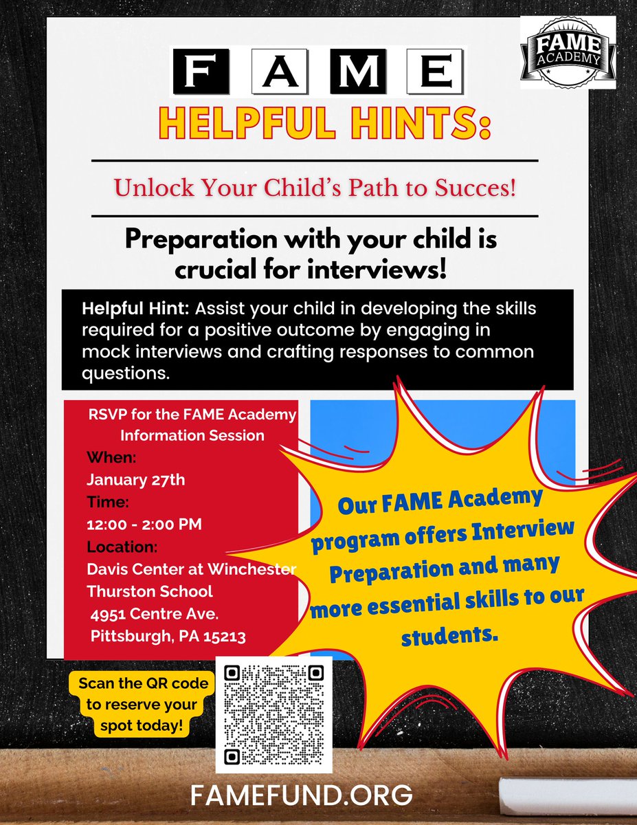 <a href="/famefundpgh/">FAME</a> Explore the possibilities with FAME Academy and unlock your child's path to success! RSVP for the FAME Academy Information Session on January 27th: bit.ly/FAINFO24

Learn more about FAME and the opportunities we provide at famefund.org.